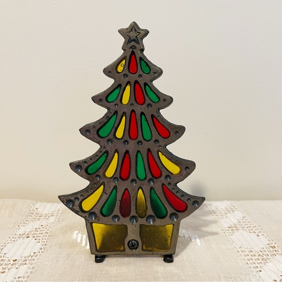 Vintage Holiday Vintage Stained Glass Cast Iron Christmas Tree Candle Holders Poshmark